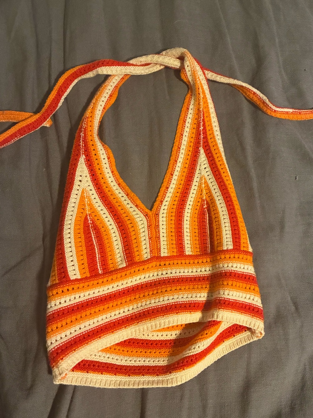Crochet Halter Crop Top in Orange, Cream & Red